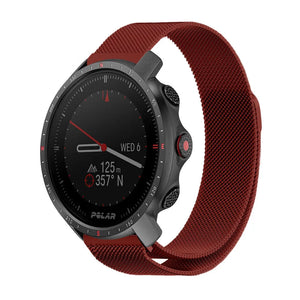 Milanese Strap, red, on a watch, 3/4 front view