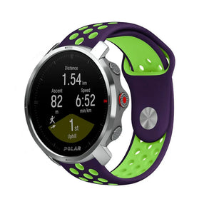 Silicone Sport Strap, purple/green, on a watch, 3/4 front view