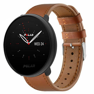 Modern Leather Strap, brown, on a watch, 3/4 front view