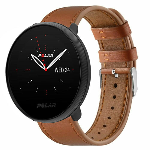 Modern Leather Strap, brown, on a watch, 3/4 front view
