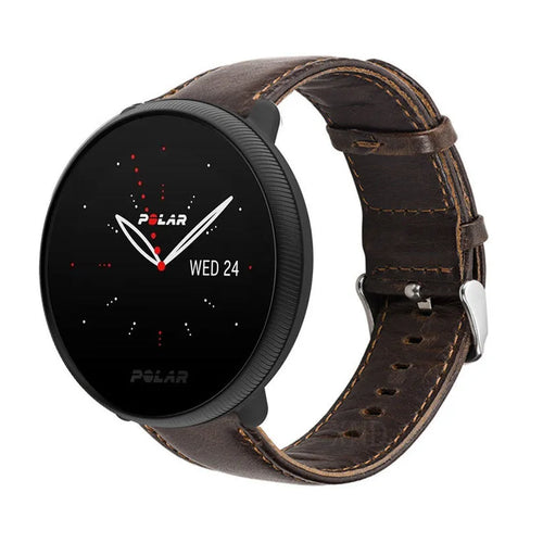 Leather Strap, dark brown, on a watch, 3/4 front view
