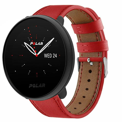 Modern Leather Strap, red, on a watch, 3/4 front view