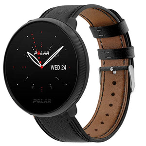 Modern Leather Strap, black, on a watch, 3/4 front view