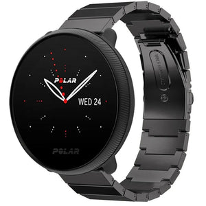 Premium Metal Strap, black, on a watch, 3/4 front view