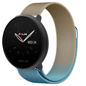 Milanese Strap, blue/gold, on a watch, 3/4 front view