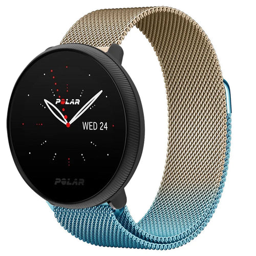 Milanese Strap, blue/gold, on a watch, 3/4 front view