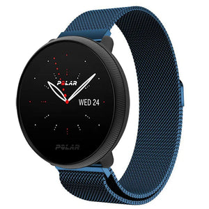 Milanese Strap, blue, on a watch, 3/4 front view