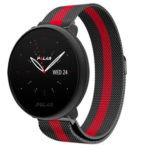 Milanese Strap, black/red, on a watch, 3/4 front view