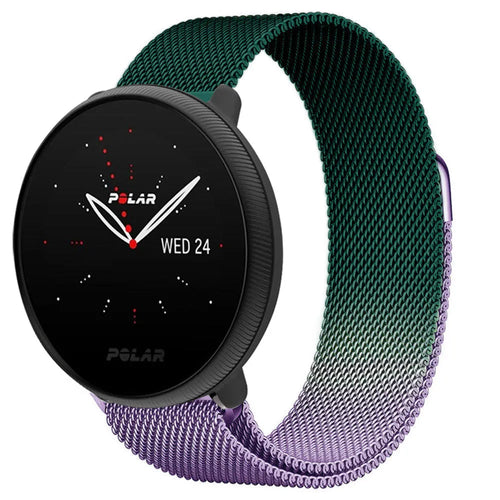 Milanese Strap, purple/green, on a watch, 3/4 front view