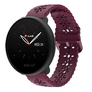Patterned Silicone Strap, burgundy, on a watch, 3/4 front view