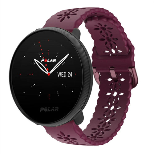 Patterned Silicone Strap, burgundy, on a watch, 3/4 front view