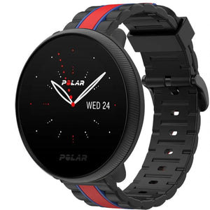 Silicone Special Edition Strap, black/red, on a watch, 3/4 front view