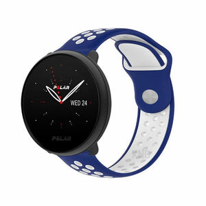 Silicone Sport Strap, blue/white, on a watch, 3/4 front view