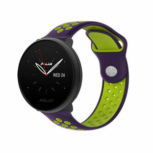 Silicone Sport Strap, purple/green, on a watch, 3/4 front view