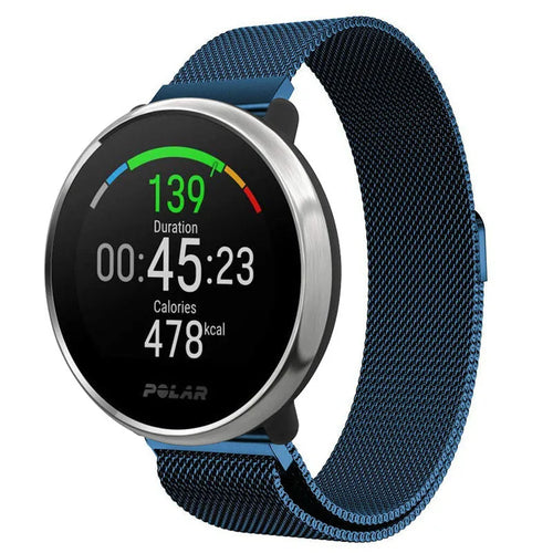 Milanese Strap, blue, on a watch, 3/4 front view