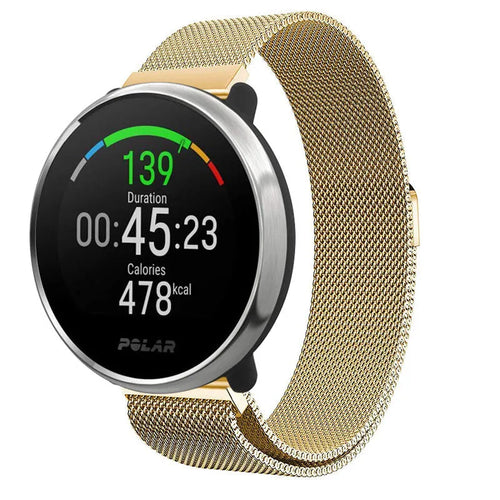 Milanese Strap, gold, on a watch, 3/4 front view