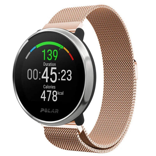 Milanese Strap, rose gold, on a watch, 3/4 front view