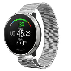 Milanese Strap, silver, on a watch, 3/4 front view
