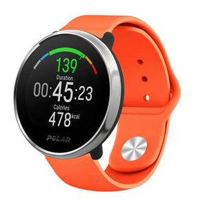 Silicone Sport Strap, orange, on a watch, 3/4 front view