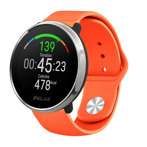 Silicone Sport Strap, orange, on a watch, 3/4 front view