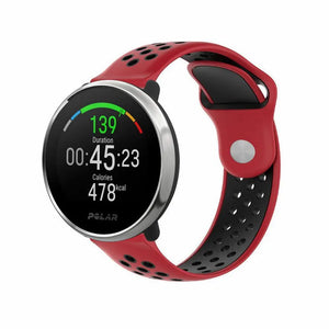 Silicone Sport Strap, red/black, on a watch, 3/4 front view