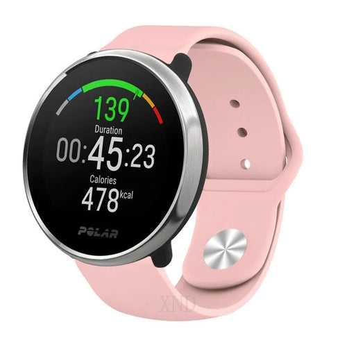 Silicone Sport Strap, pink, on a watch, 3/4 front view