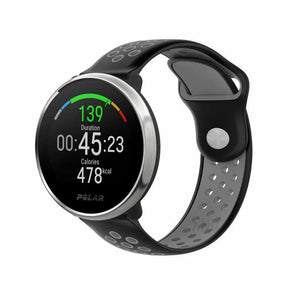 Silicone Sport Strap, black/grey, on a watch, 3/4 front view