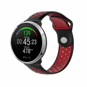 Silicone Sport Strap, black/red, on a watch, 3/4 front view