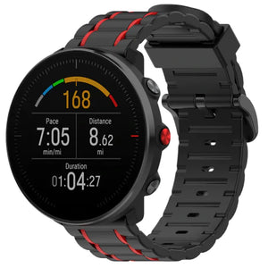 Silicone Strap 'Tough', black/red, on a watch, 3/4 front view