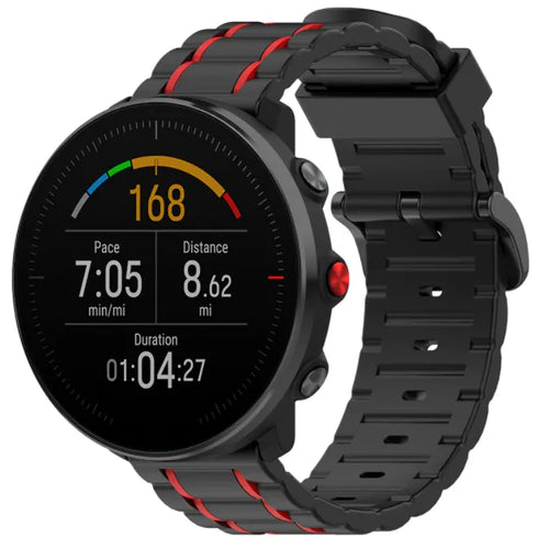 Silicone Strap 'Tough', black/red, on a watch, 3/4 front view
