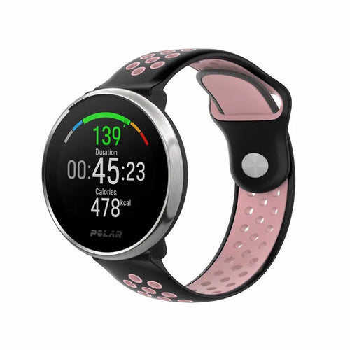Silicone Sport Strap, black/pink, on a watch, 3/4 front view