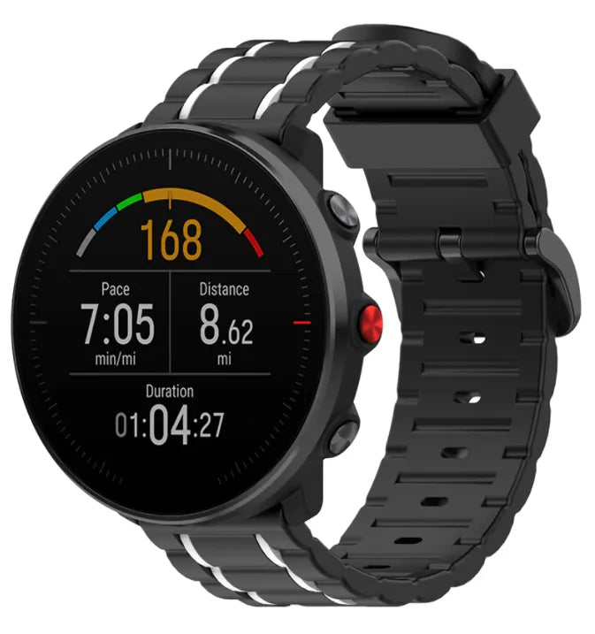 Silicone Strap 'Tough', black/white, on a watch, 3/4 front view