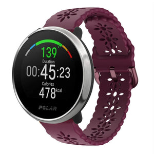 Patterned Silicone Strap, burgundy, on a watch, 3/4 front view