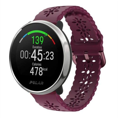 Patterned Silicone Strap, burgundy, on a watch, 3/4 front view