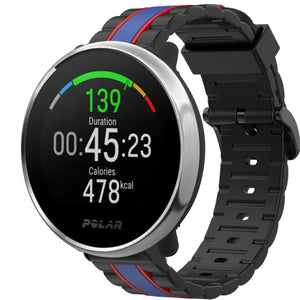 Silicone Special Edition Strap, black/blue, on a watch, 3/4 front view
