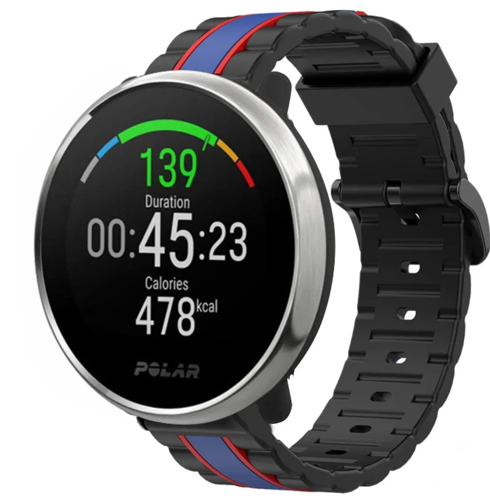 Silicone Special Edition Strap, black/blue, on a watch, 3/4 front view