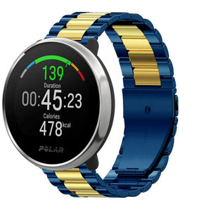 Steel Strap, blue/gold, on a watch, 3/4 front view