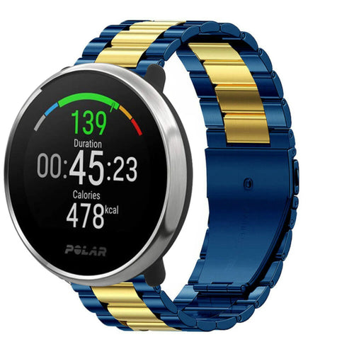 Steel Strap, blue/gold, on a watch, 3/4 front view