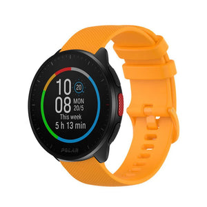 Premium Silicone Strap, orange, on a watch, 3/4 front view