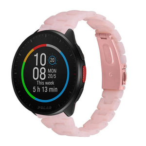 Metal Resin Strap, pink, on a watch, 3/4 front view