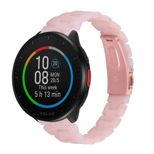 Metal Resin Strap, pink, on a watch, 3/4 front view