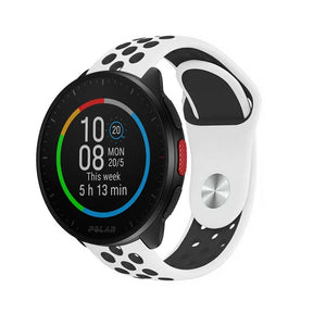 Silicone Sport Strap, white/black, on a watch, 3/4 front view