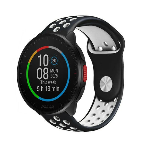 Silicone Sport Strap, black/white, on a watch, 3/4 front view