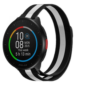 Milanese Strap, black/white, on a watch, 3/4 front view
