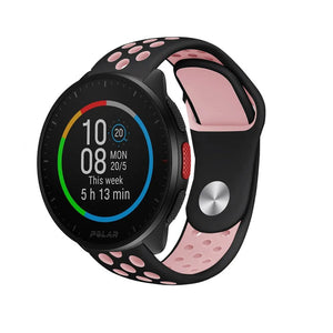 Silicone Sport Strap, black/pink, on a watch, 3/4 front view
