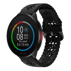 Patterned Silicone Strap, black, on a watch, 3/4 front view