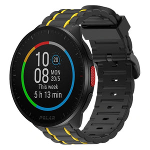 Silicone Strap 'Tough', black/yellow, on a watch, 3/4 front view