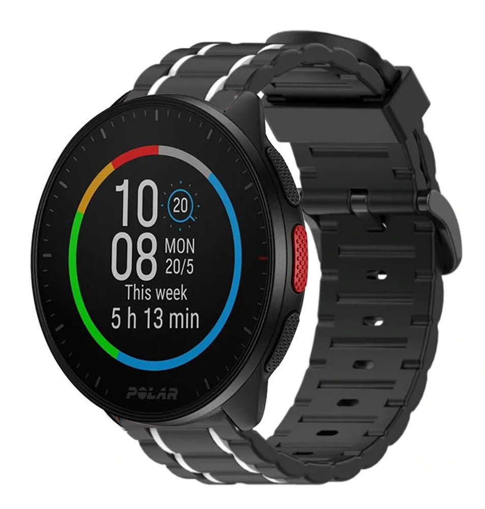 Silicone Strap 'Tough', black/white, on a watch, 3/4 front view