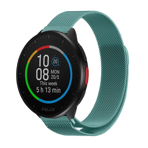 Milanese Strap, green, on a watch, 3/4 front view