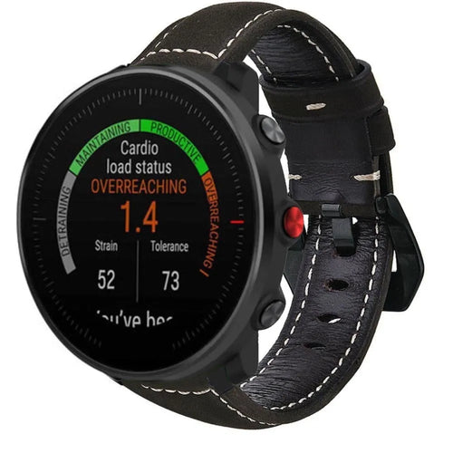 Leather Strap, black, on a watch, 3/4 front view